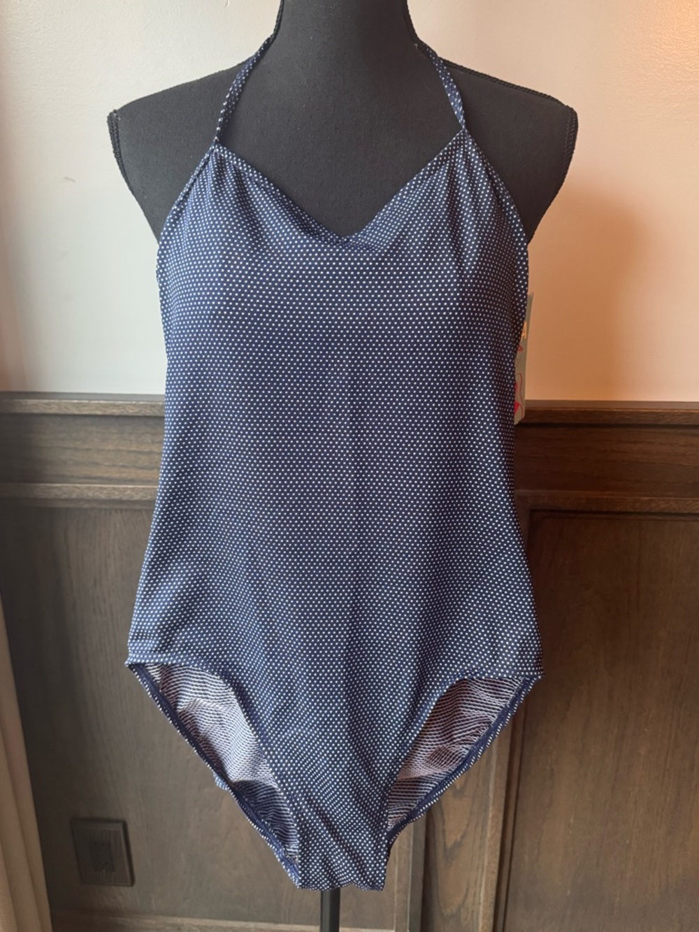 Christina Navy and White Dot Halter One-Piece Deadstock NWT 12